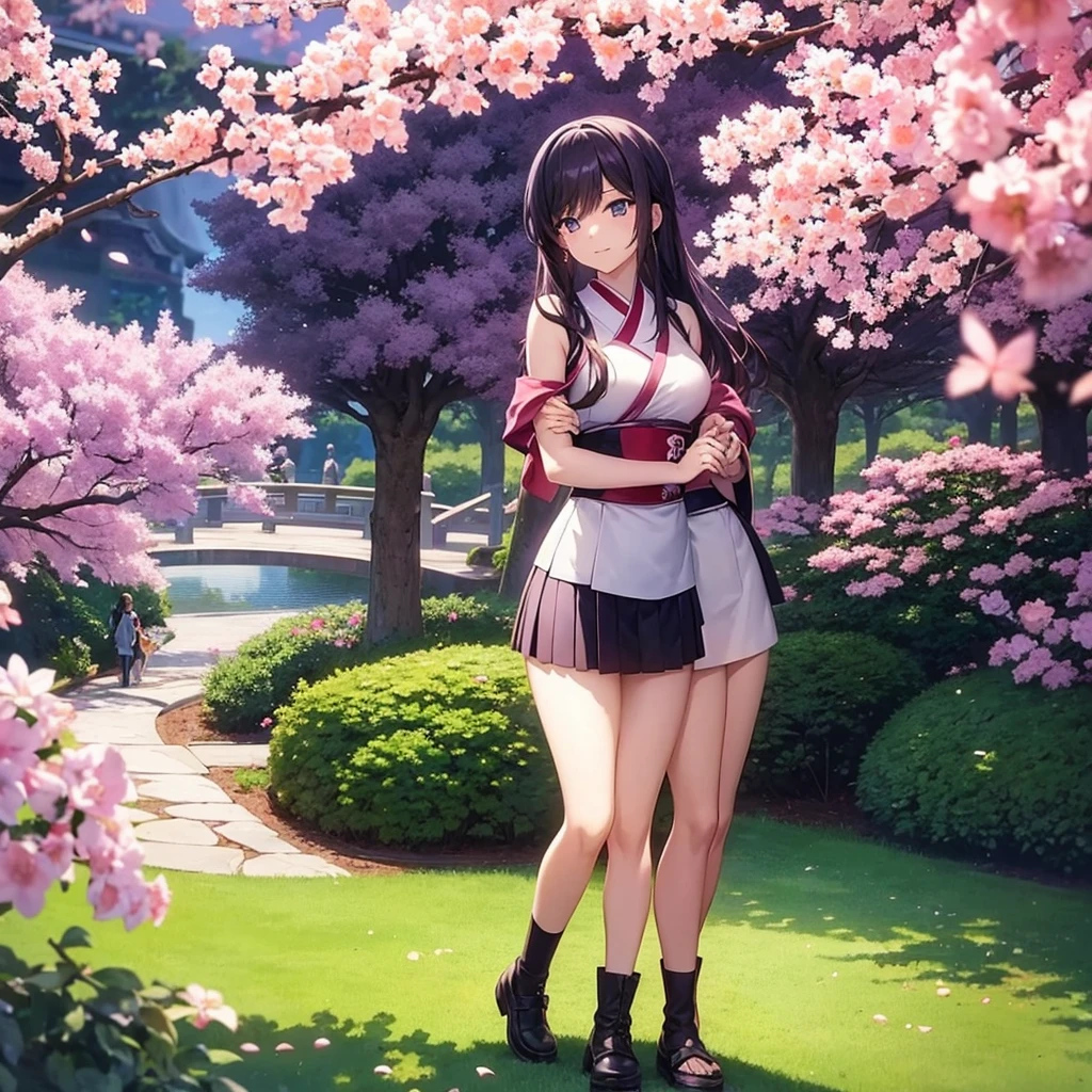 A heterosexual anime couple holding hands in the middle of a Japanese garden that has cherry trees and purple flowers around them