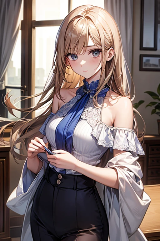 Slender beautiful girl、10th Generation、sleeveless high neck blue blouse、Office、OL、off shoulder、White LINE Design、pants style、brown heir、Soft cloth fabric