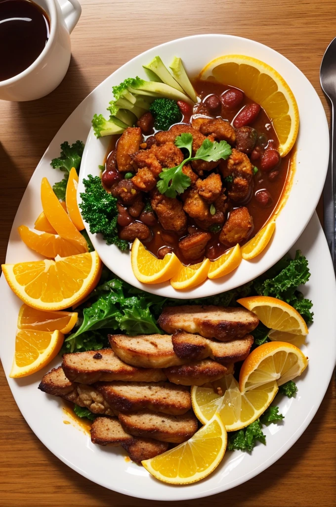 "Draw a vibrant and appetizing scene of a Brazilian feijoada platter. Include a variety of meats like sausage, pork, all carefully arranged in a rich black bean broth. Add traditional side dishes like kale, crispy farofa, cracklings and sliced orange for a touch of freshness. The environment should convey a welcoming and familiar feeling, as if it were being served at a table during a family Sunday lunch."