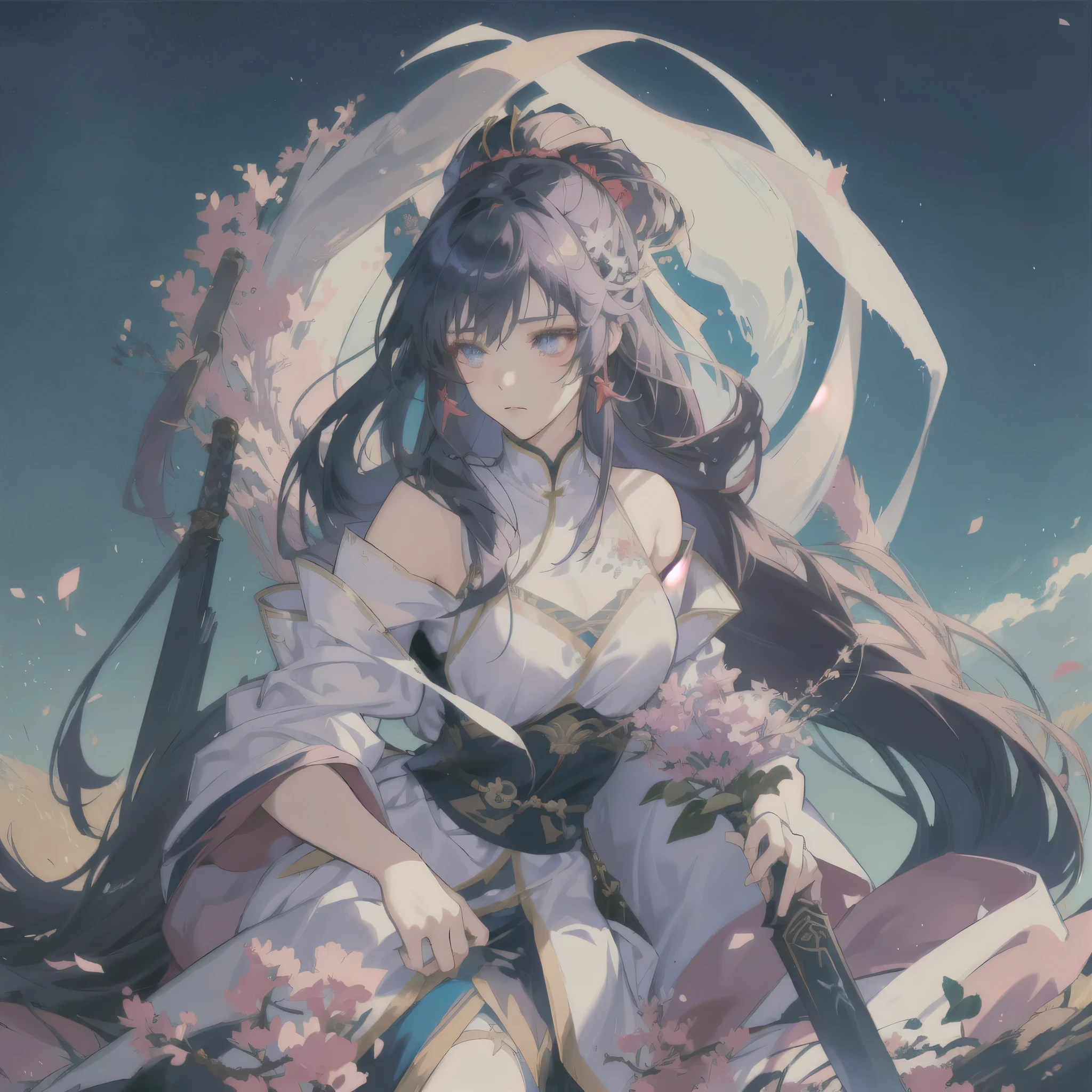 anime girl with long hair and a sword in a field of flowers, guweiz, guweiz on pixiv artstation, anime style 4 k, cushart krenz key art feminine, guweiz on artstation pixiv, ayaka genshin impact, artwork in the style of guweiz, official artwork, anime art wallpaper 8 k