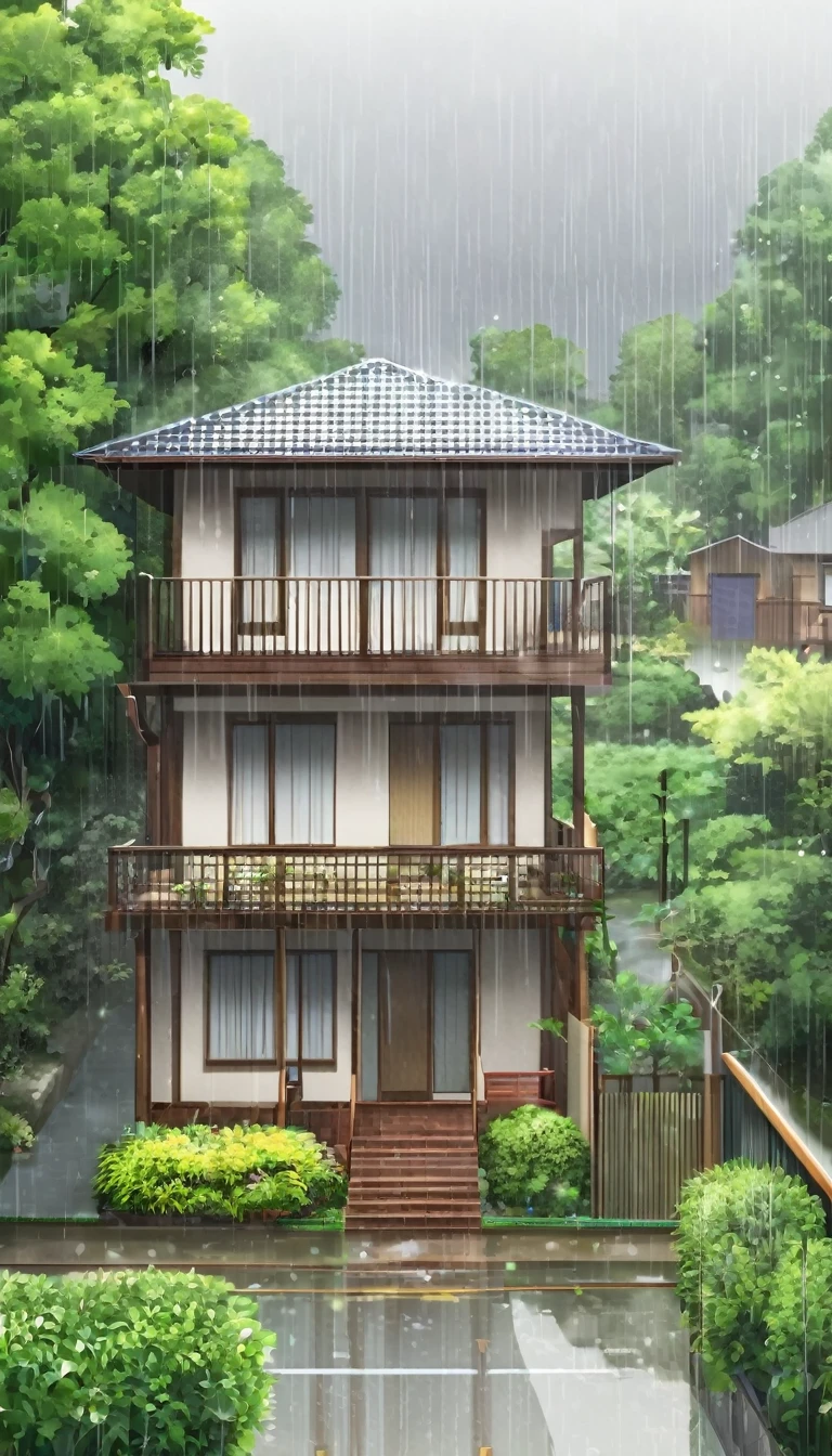 A beautiful single house, rainy season illustration