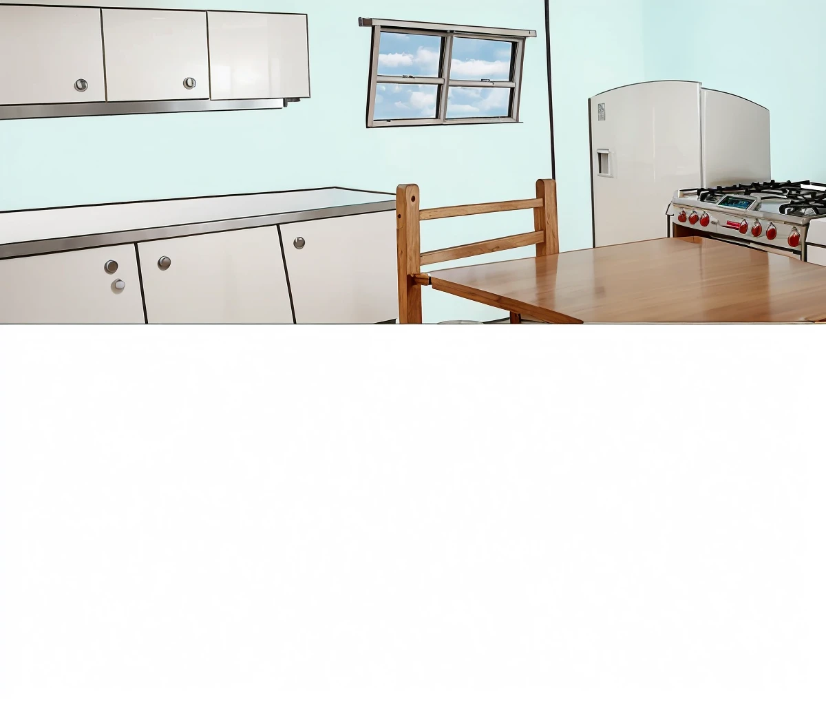 A kitchen white cabinets a wooden table and a wooden chair a silver stove with red buttons a white refrigerator and a window with daylight fantastic art 8k ultra realistic