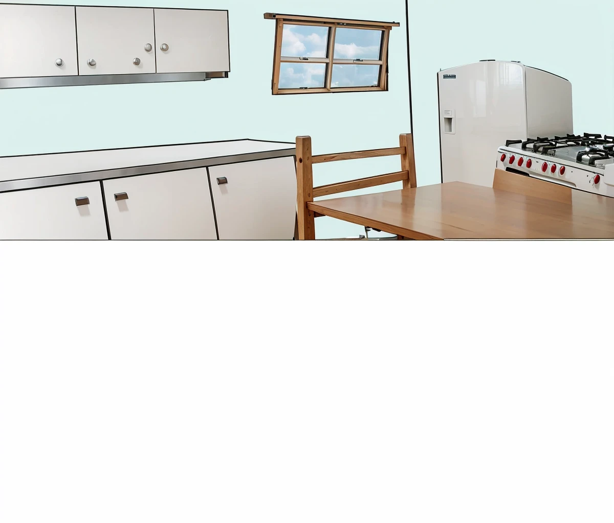 A kitchen white cabinets a wooden table and a wooden chair a silver stove with red buttons a white refrigerator and a window with daylight fantastic art 8k ultra realistic