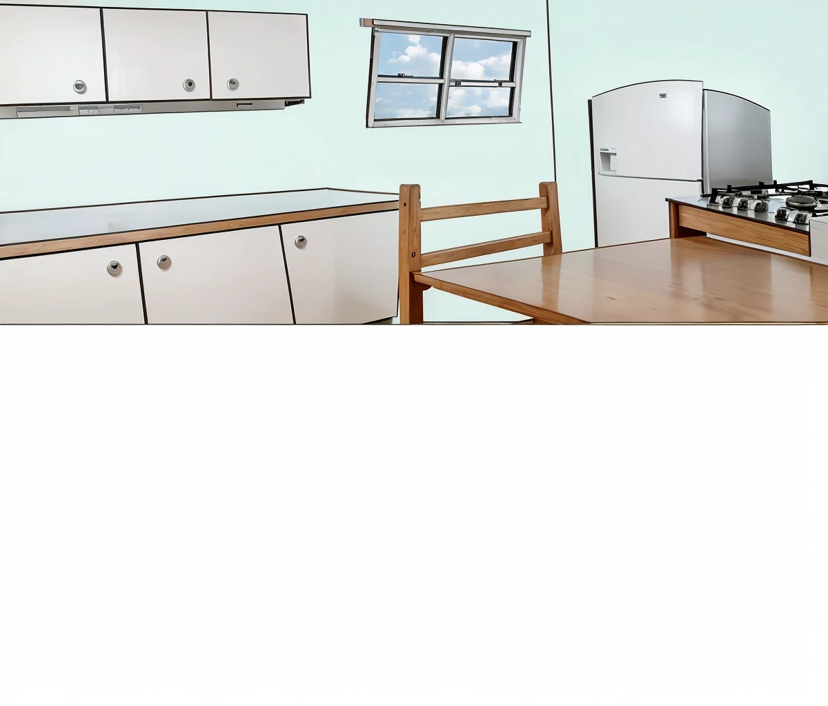 A kitchen white cabinets a wooden table and a wooden chair a silver stove with red buttons a white refrigerator and a window with daylight fantastic art 8k ultra realistic
