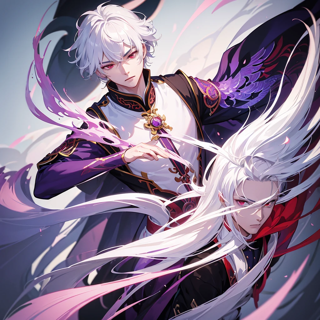 a young man with white hair and red eyes, chinese style outfit, purple aura, detailed facial features, detailed phoenix clothing, highly detailed, 8k, photorealistic, anime art, cinematic lighting, dramatic lighting, fantasy, no hands, no copy
