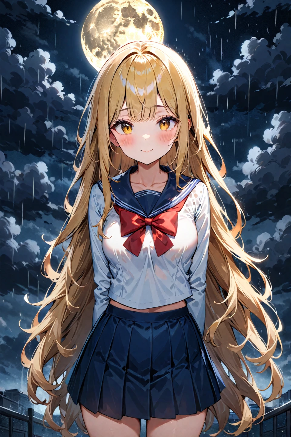 1girl, solo, long hair, skirt, , cloud, moon, night, looking at viewer, blonde hair, sailor collar, pleated skirt, smile, shirt, serafuku, sky, yellow eyes, blue skirt, white shirt, rain, bow, cloudy sky, red bow, long sleeves, bangs, bowtie, full moon, closed mouth, outdoors, blush, night sky, red bowtie, collarbone, standing, arms behind back, breasts, blue sailor collar, cowboy shot, medium breasts, very long hair --preset 3, ((medium quality)), ((medium quality))