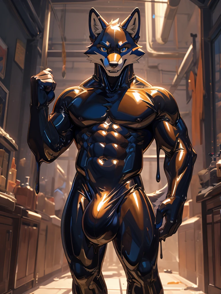 anthro, male, 1boy, solo focus, grinning, orange latex, white underbelly, no fur, latex fur, latex head, latex fox, ((living latex)), goo creature, latex goo, ((translucent rubber)), rubber skin, latex body, shiny body, detailed eyes, thin, bare chest, fit, tall, naked, thight bulge, null bulge, ((huge bulge)), handles_on_hips, groping bulge, masterpiece, by cxcxxcxxxx, by tempestus_vulpis