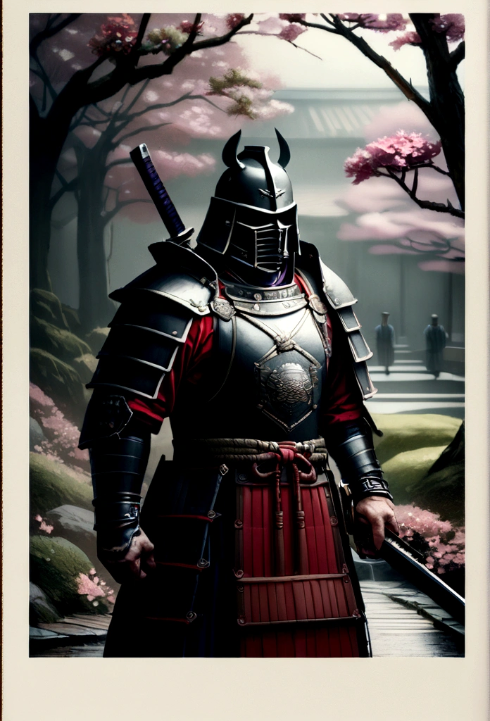 a samurai warrior in a garden, detailed intricate armor, katana sword, traditional japanese garden with cherry blossoms, dramatic lighting, cinematic composition, muted color palette, moody atmosphere, detailed textures and materials, (best quality,4k,8k,highres,masterpiece:1.2),ultra-detailed,(realistic,photorealistic,photo-realistic:1.37),cinematic,dramatic,epic,highly detailed samurai armor and sword,intricate sword guard and hilt details,samurai in a serene japanese garden setting,cherry blossoms falling,moody dramatic lighting,muted color palette