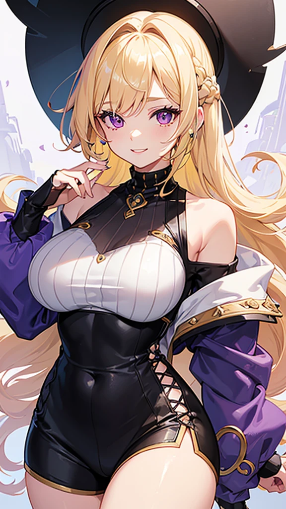 ((Best Quality)), ((Masterpiece)), (detailed), 1 girl, off shoulder sweater, Pastel yellow hair, wide, hair covers one eye, purple eyes, tight black shorts, big breasts, big thighs, expression smiling shy