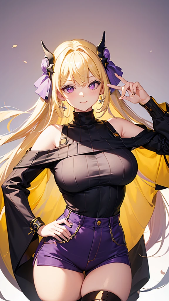 ((Best Quality)), ((Masterpiece)), (detailed), 1 girl, off shoulder sweater, Pastel yellow hair, wide, hair covers one eye, purple eyes, tight black shorts, big breasts, big thighs, expression smiling shy