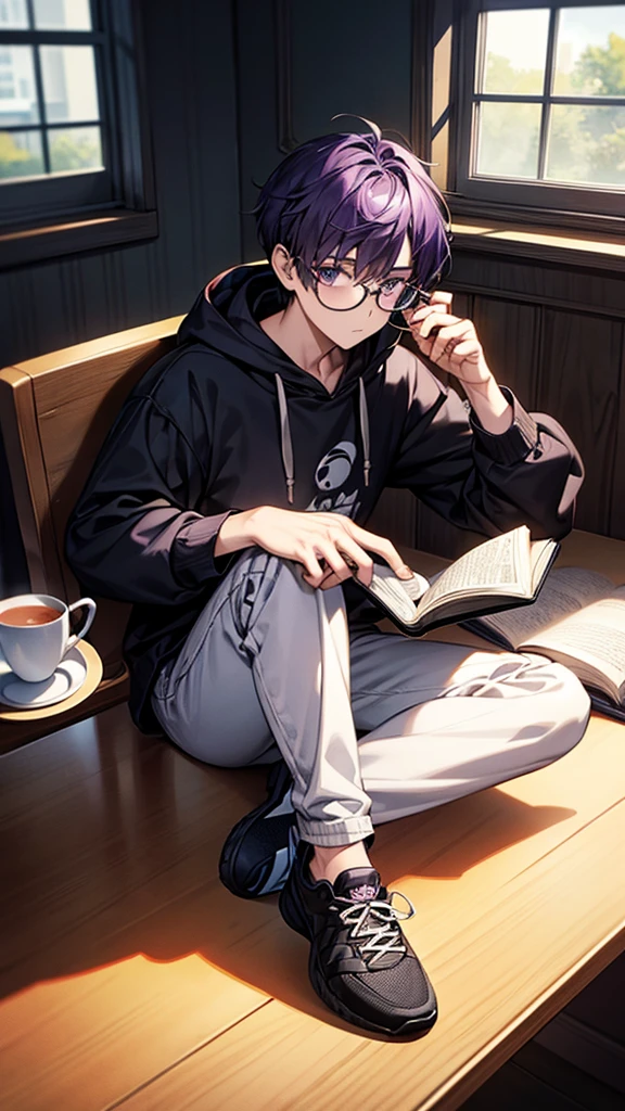  1boy, reading a book, holding a a cup of tea, wearing hoodie, sitting , round table beside you, behind you there is a window, wear black sport shoes, purple hair, glasses, fullbody, look at you