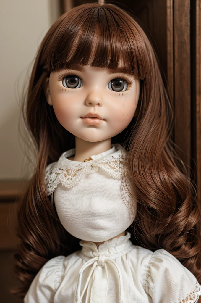 a white blythe doll with slightly reddish hair and bangs, with slightly slanted eyes, black and slightly bushy eyebrows 