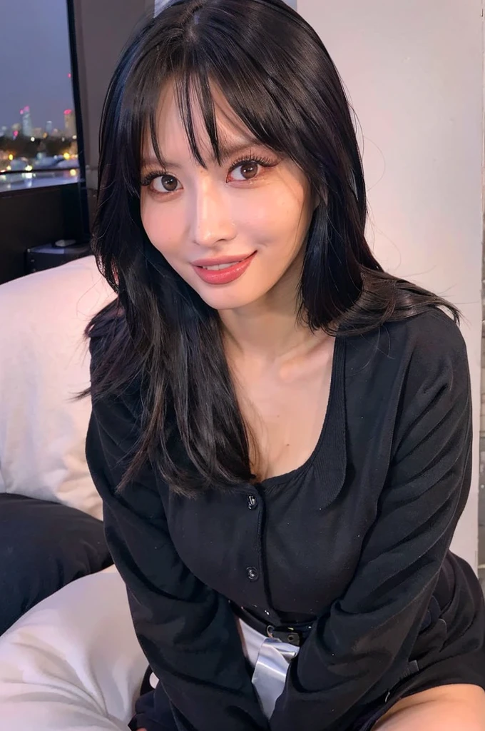 "1girl,photo of momo, brown hair,best quality,(detailed face:1.4), (looking at viewer:1.4), shiny skin, smile, city at night background ,(half body:1)low angle