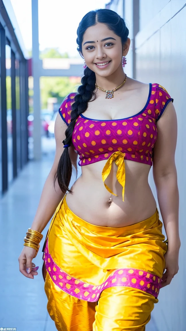 HD wallpaper 32k cinematic shoot of a Beautiful cute Rashmika Mandanna, with thick thighs and a curvy waist, twin braids, wearing an Indian blouse top, horny, seductively, in a school corridor, dotted blouse top, smiling, ((long curvy waist)), ((lowwaist)), ((curvy waist))