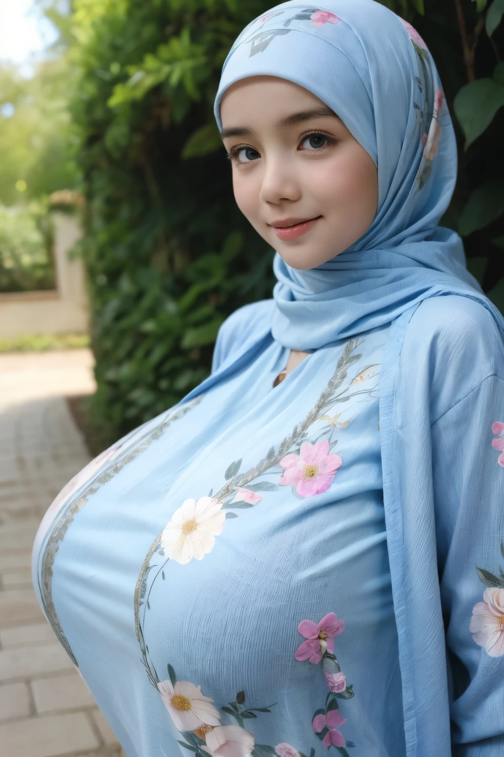 Jumbo (Dress), Chubby adorable, 1 girl, (face to face), , baby face, hf body portrait, (face details: 1), (eye details: 1), ((big breasts)). wearing transparent transparency soft long shirt, hijab, .. Cute posed. proportional body. Ultra High Res. realistic: 1.4, UHD, (floral pattern), view from side seductive pose 