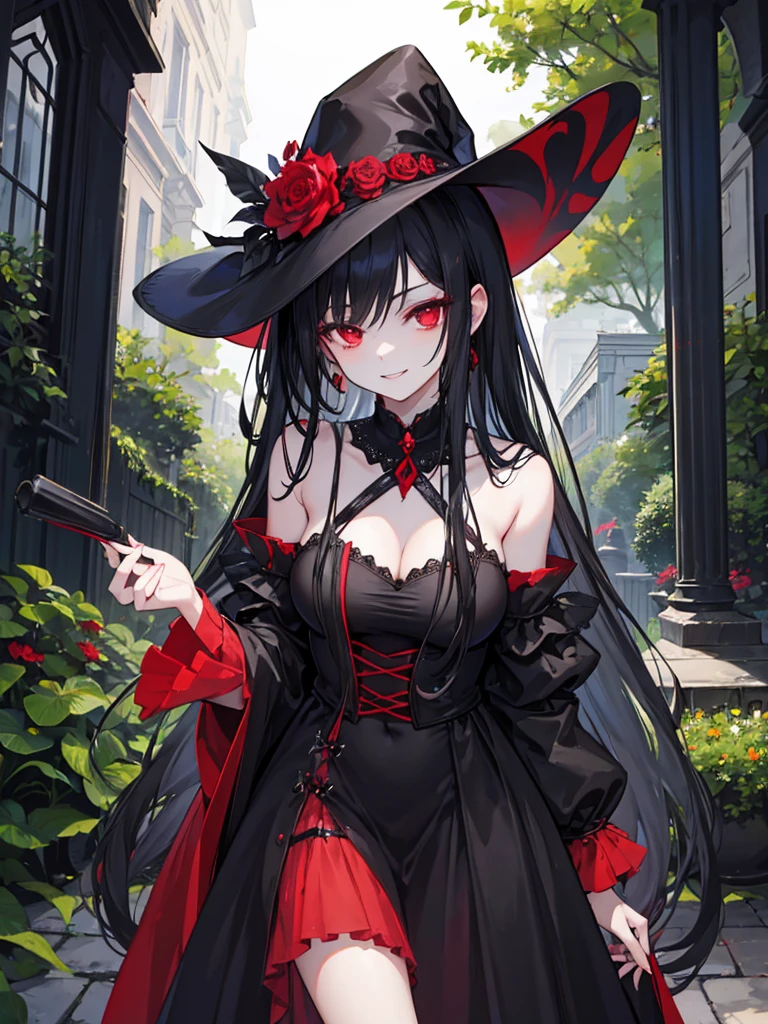 woman, red eyes, long curry wauy black hair. wear black dress, arrogant, independent woman. background in garden. she is vampire. sadistic smile. IDOL. wear gothic hat
