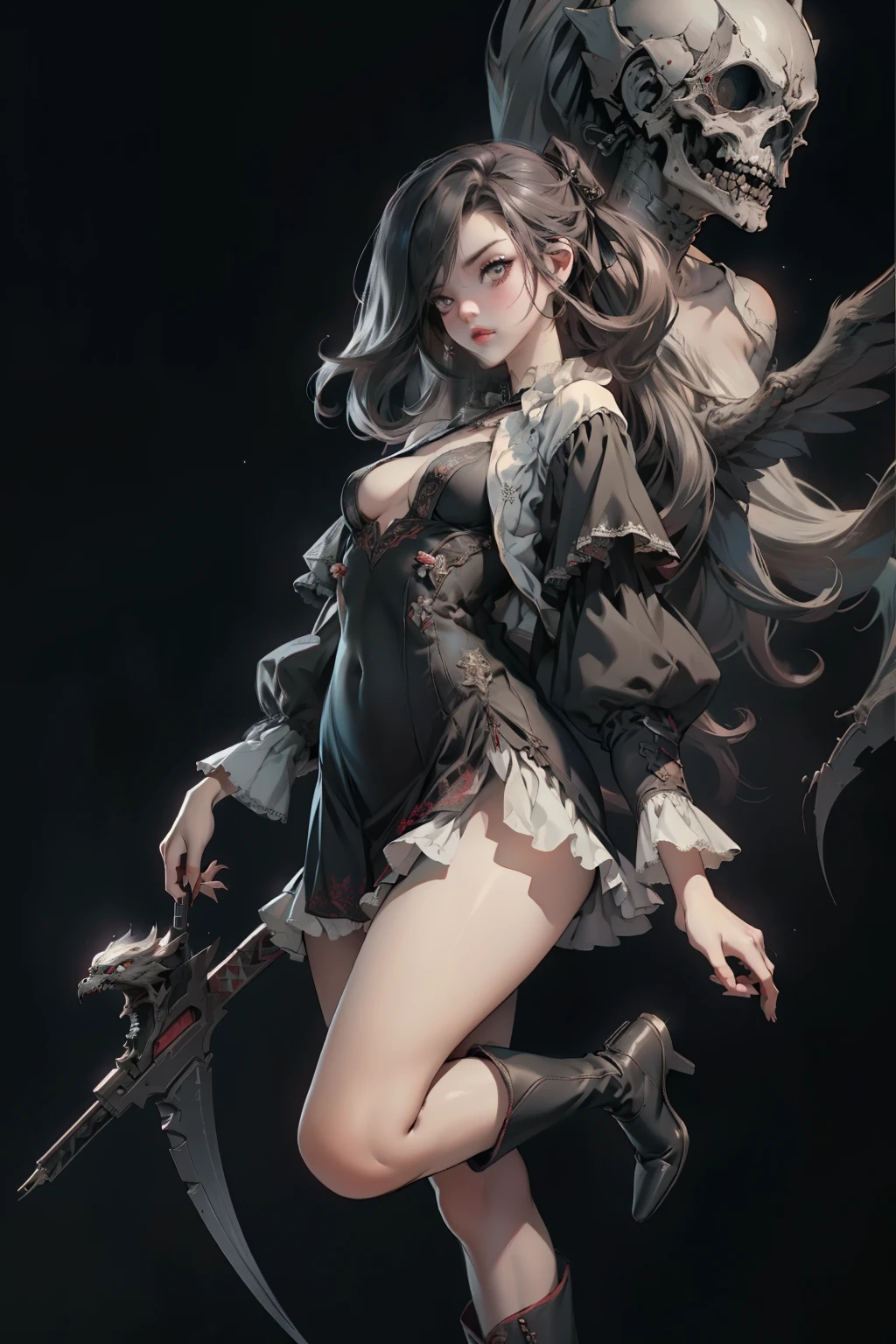  ((best quality)), ((masterpiece)), (detailed), 1girl, off-shoulder, Character design, female, dynamic poses, long white grey hair, grey white eyes, very skinny, detailed, best quality, no accesoires around the neck, no shoes, prominent collarbones, skinny arms, flat stomach, visible hip bones, full body, blank white background, plain background, white background, red and white clothing, Bloodborne inspired, occult aesthetic, occult, detailed and intricate steampunk and detailed gothic, NSFW, Very dramatic and cinematic lighting, cosmic horror, grim-dark, side-lighting, perfect face, NSFW, Fluttering lace flared long knee length dress with frilly petticoats, knee length dress, pleated petticoats, petticoats gothic, complex lace boots, side-lighting, gothic lolita aesthetic, wielding a mighty sword with mechanical components, mandalas, a fairy, various different types of insect wings, NSFW, full body, whole body, body, plain background, white background, blank background, no background, white background NSFW, chains, full body, whole body, head-to-toe NSFW 