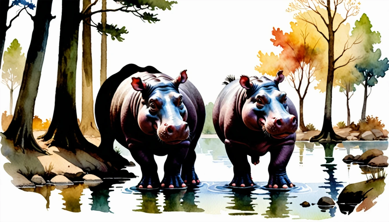 (photography film style), anthropomorphic cute hippopotamus, painting watercolor, by lakeside, surrounded by trees, wearing casual clothes, 2D, colorful, warm atmosphere, glossy, Jean-Baptiste Monge style, Alan Lee style