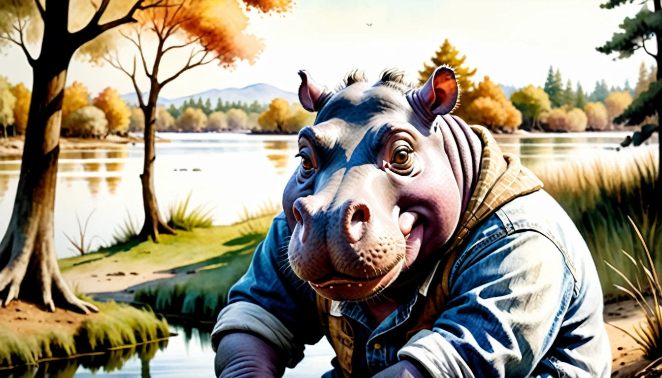 (photography film style), anthropomorphic cute hippopotamus, painting watercolor, by lakeside, surrounded by trees, wearing casual clothes, 2D, colorful, warm atmosphere, glossy, Jean-Baptiste Monge style, Alan Lee style