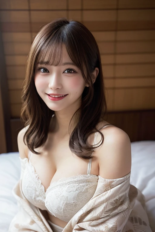 masutepiece, Best Quality, Illustration, Ultra-detailed, finely detail, hight resolution, 8K Wallpaper, Perfect dynamic composition, Beautiful detailed eyes, Kimono, Off-shoulder, cleavage、on the beds、undergarment、A smile、