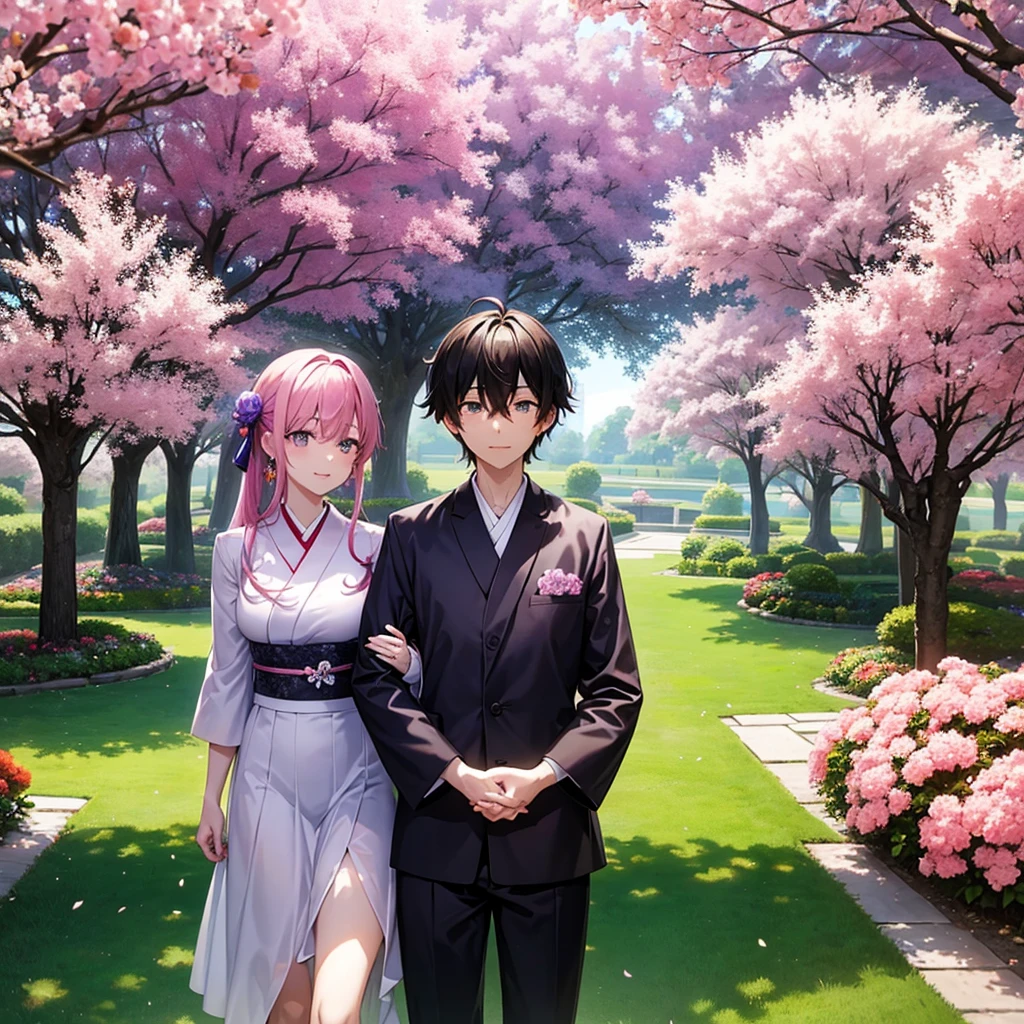 A heterosexual anime couple holding hands in the middle of a Japanese garden that has cherry trees and purple flowers around them