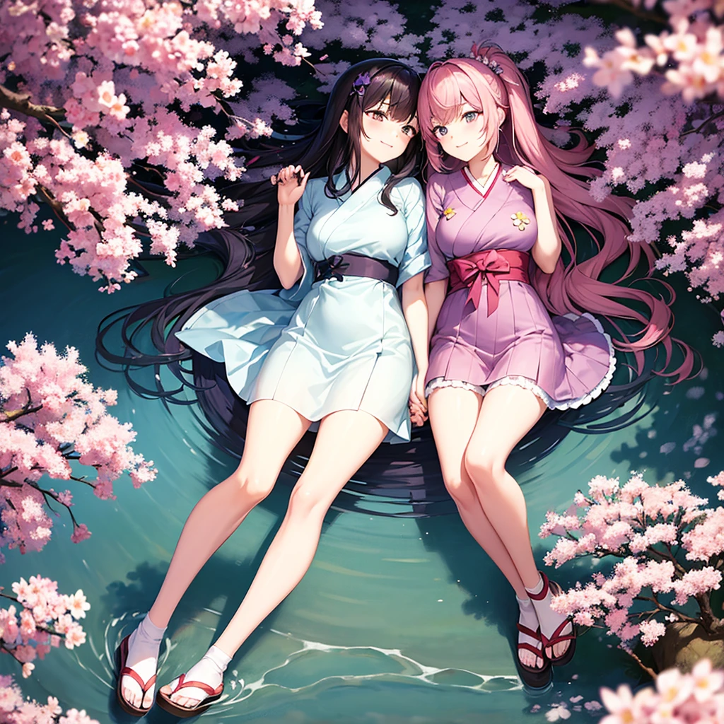 A heterosexual anime couple holding hands in the middle of a Japanese garden that has cherry trees and purple flowers around them 