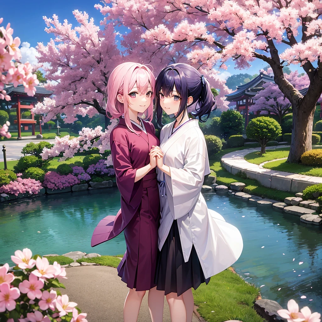 A heterosexual anime couple holding hands in the middle of a Japanese garden that has cherry trees and purple flowers around them 