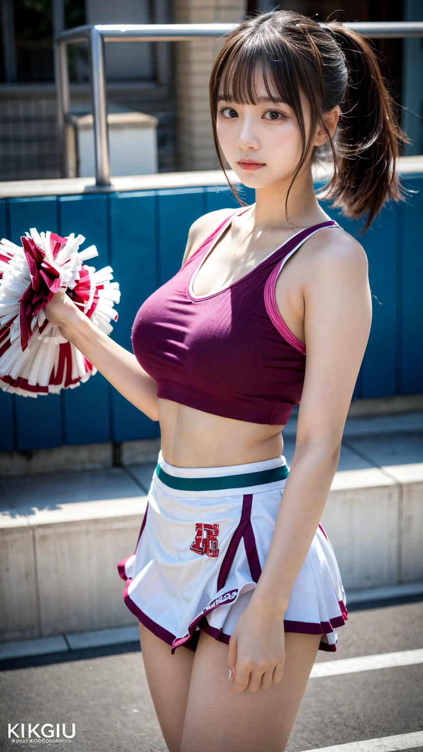 (8K, RAW Photos, Highest quality, masterpiece:1.2), (professional photography, full colors, studio-caliber color grading), (Gravure quality for high-end fashion magazines), BREAK,18 year old girl, (low ponytail:1.1), Big Natural Color Lip, Plumpy body, (smooth skin:1.1), (huge breasts:1.0), BREAK, (cheer girl:1.5),(a miniskirt), BREAK, hotel room, to stand, Harajuku style
