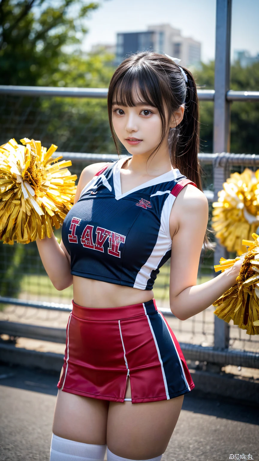 (8K, RAW Photos, Highest quality, masterpiece:1.2), (professional photography, full colors, studio-caliber color grading), (Gravure quality for high-end fashion magazines), BREAK,18 year old girl, (low ponytail:1.1), Big Natural Color Lip, Plumpy body, (smooth skin:1.1), (huge breasts:1.0), BREAK, (cheer girl:1.5),(a miniskirt), BREAK, hotel room, to stand, Harajuku style