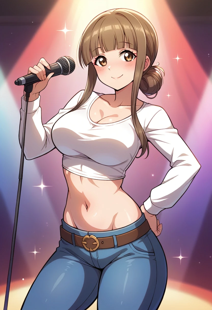 Masterpiece, best quality,Minami kotori,volumetric lighting, illustration, beautiful, tight , Blushing,breasts, blush, smile, bangs, large_breasts, shirt, long_sleeves, navel, holding, cleavage, closed_mouth, standing, collarbone, white_shirt, cowboy_shot, midriff, belt, pants, blunt_bangs, crop_top, hand_on_hip, sparkle, makeup, microphone, straight_hair, wide_hips, contrapposto, white_pants, music, holding_microphone, narrow_waist, cropped_shirt