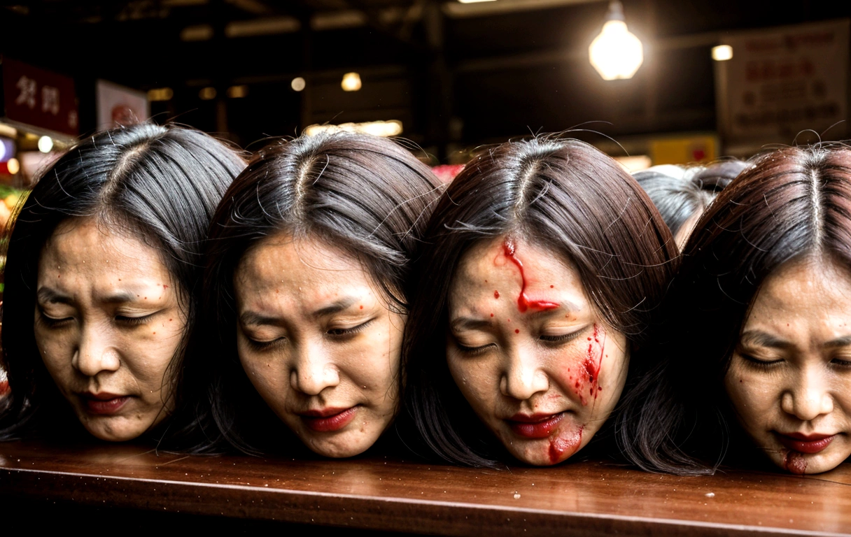 Several decapitated heads of beautiful women in on a table, in a public market, full of blood, blood flowing, ((eyes closed)), bleeding, photorealistic, 4K, Nikon, horror, public market, beautiful asian face