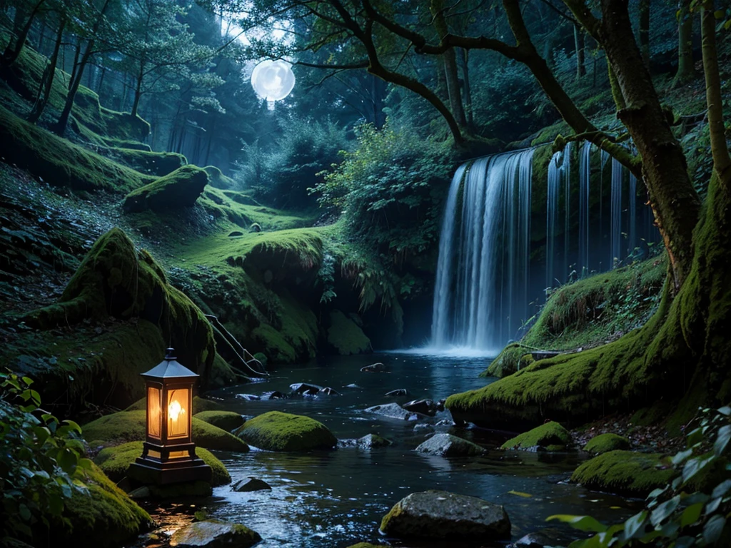 Beautiful forest detailed owl image moonlit night valley waterfall masterpiece detailed moon