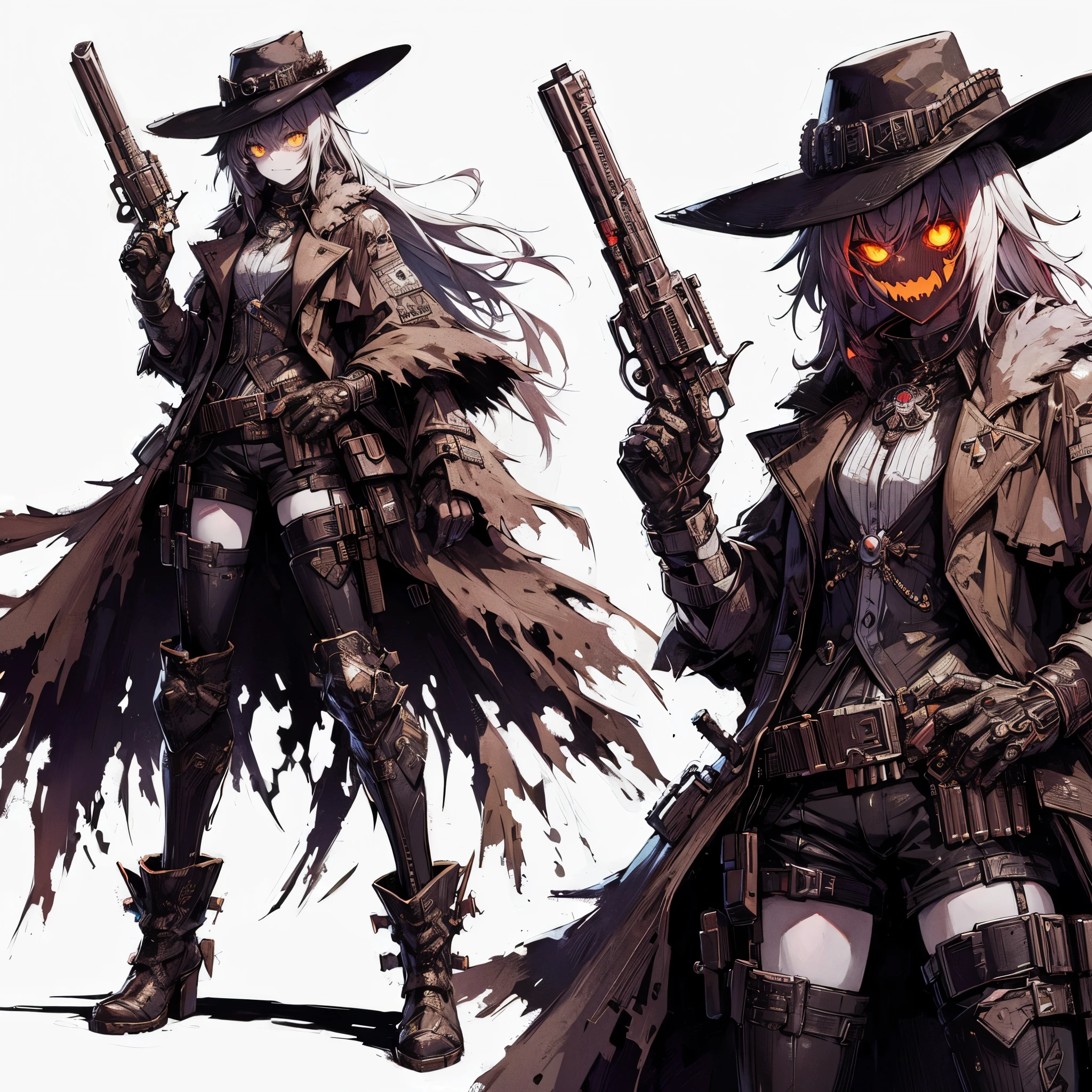 (masterpiece, Best Quality), (detailed hairs), Ultra-detailed, Anime style, Full body, Solo, Cyberpunk urban legend gunslinger female, glowing eyes, JAGGED-TEETH, she is wearing a mysterious ragged cloak, distorted duster coat, spurred boots, and a distorted wide-brimmed cowboy hat. she wears a cursed and distorted cowboy-like outfit. Holding a monstrously relic revolver pistol. Muscular ultra- massive, White background, standing full length, standing on wasted earth,