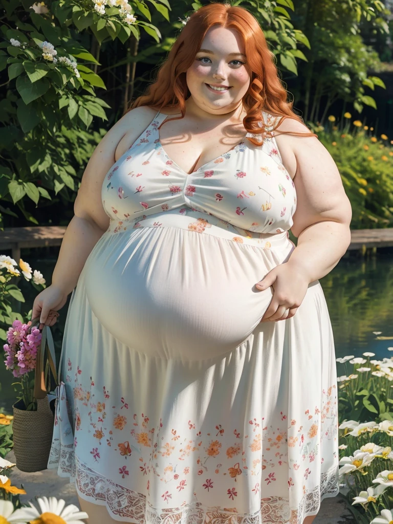 A happy photo of a young beautiful redhead girl bbw with long curly ginger hair soft fat belly, wide fat obese hips, thick fat legs and fat arms, cute pretty face, blue eyes, freckles, in a loose long flowery summer dress, holding Beautiful flowers