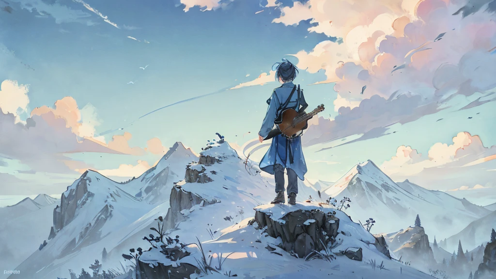 Little Blue Bird。Under the sky。On a hill far away、A small person is alone with his back to me。A large acoustic guitar is placed close to people。