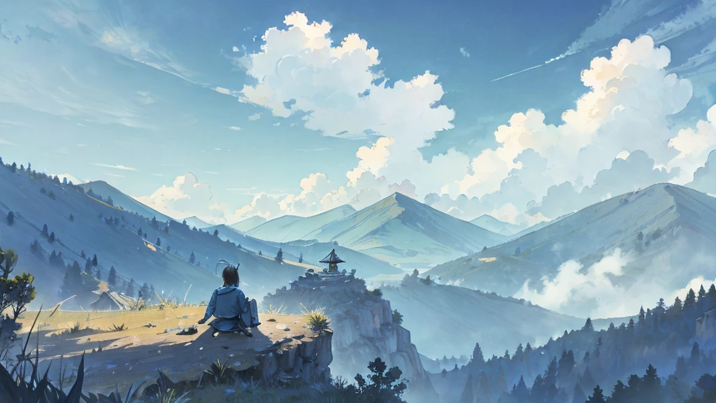 Little Blue Bird。Under the sky。On a hill far away、A small person is alone with his back to me。A large acoustic guitar is placed close to people。