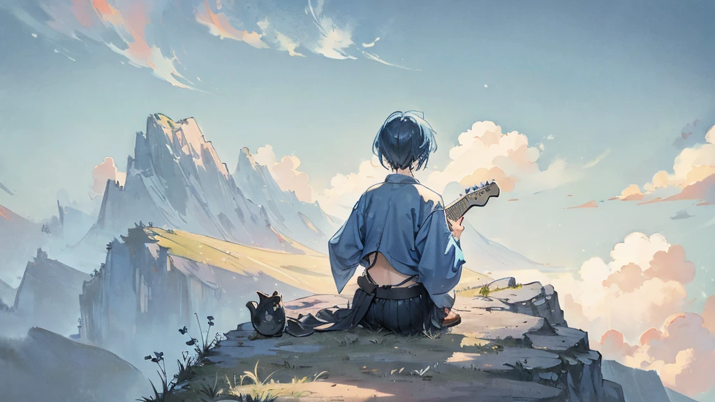 Little Blue Bird。Under the sky。On a hill far away、A small person is alone with his back to me。A large acoustic guitar is placed close to people。