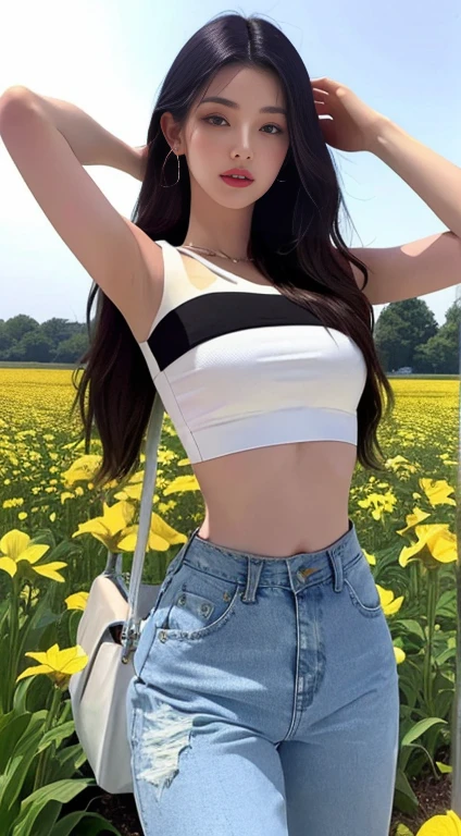 a closeup of a woman in a field of flowers, CropTop, with short torn t-shirt, crop top, vistiendo un crop top sexy, wearing crop top, usando un crop tops, wearing a crop top, wearing a beautiful top, beautiful top, usando un crop top, open chest clothing, the smallest abdomen ever seen, kawaii shirt and jeans