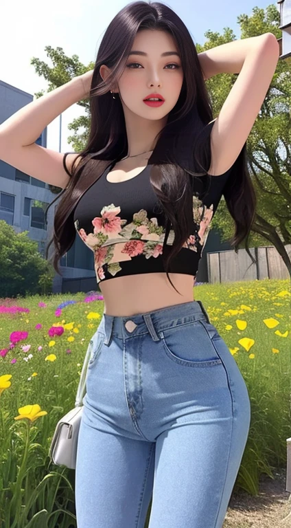 a closeup of a woman in a field of flowers, CropTop, with short torn t-shirt, crop top, vistiendo un crop top sexy, wearing crop top, usando un crop tops, wearing a crop top, wearing a beautiful top, beautiful top, usando un crop top, open chest clothing, the smallest abdomen ever seen, kawaii shirt and jeans