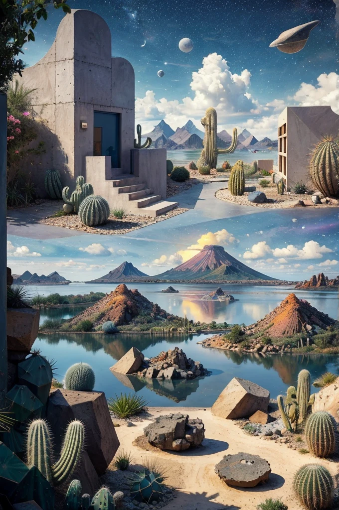 An illustration, collage style, David Hockney visual style, (((Luis Barragán's architectural style houses in middle of a lake))), big boulders, little cascade, mountains, volcanos, volcanic landscape, pool, stairs, beautiful gardens, abundant vegetation, cacti, agave, big clouds, sunset. Magazine cover, serif tipography, editorial design, masterpiece, An illustration in collage style, con rocas gigantes, Brutalist construction sections, escaleras, cactus, agave, textura de concreto, Multiple geometric shapes, hatch and cross hatching, planeta Saturno. ((masterpiece, best quality)),illustration,ultra detailed 8k. (((An illustration of a build designed by Luis Barragán))), with a desertic vegetation garden, (big rocks), ((cacti)), lake, volcano in horizon, smooth clouds, (((illustration collage format))), ((Escher's art style)), (((multiple sections))), (violet, blue, olive green, grey, black and white), hard shadows, (((geometric sculptures))), concrete sculptures, high contrast, dramatic, cinematographic, ((milky way galaxy)), intricate, intricate details, sharp focus,landscape
