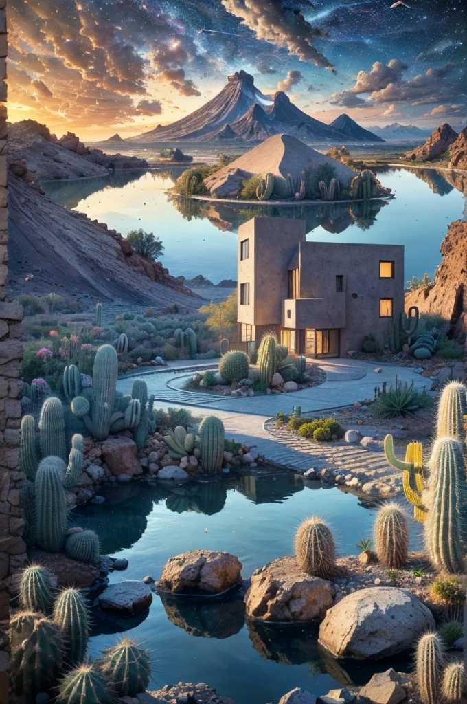 An illustration, collage style, David Hockney visual style, (((Luis Barragán's architectural style houses in middle of a lake))), big boulders, little cascade, mountains, volcanos, volcanic landscape, pool, stairs, beautiful gardens, abundant vegetation, cacti, agave, big clouds, sunset. Magazine cover, serif tipography, editorial design, masterpiece, An illustration in collage style, con rocas gigantes, Brutalist construction sections, escaleras, cactus, agave, textura de concreto, Multiple geometric shapes, hatch and cross hatching, planeta Saturno. ((masterpiece, best quality)),illustration,ultra detailed 8k. (((An illustration of a build designed by Luis Barragán))), with a desertic vegetation garden, (big rocks), ((cacti)), lake, volcano in horizon, smooth clouds, (((illustration collage format))), ((Escher's art style)), (((multiple sections))), (violet, blue, olive green, grey, black and white), hard shadows, (((geometric sculptures))), concrete sculptures, high contrast, dramatic, cinematographic, ((milky way galaxy)), intricate, intricate details, sharp focus,landscape