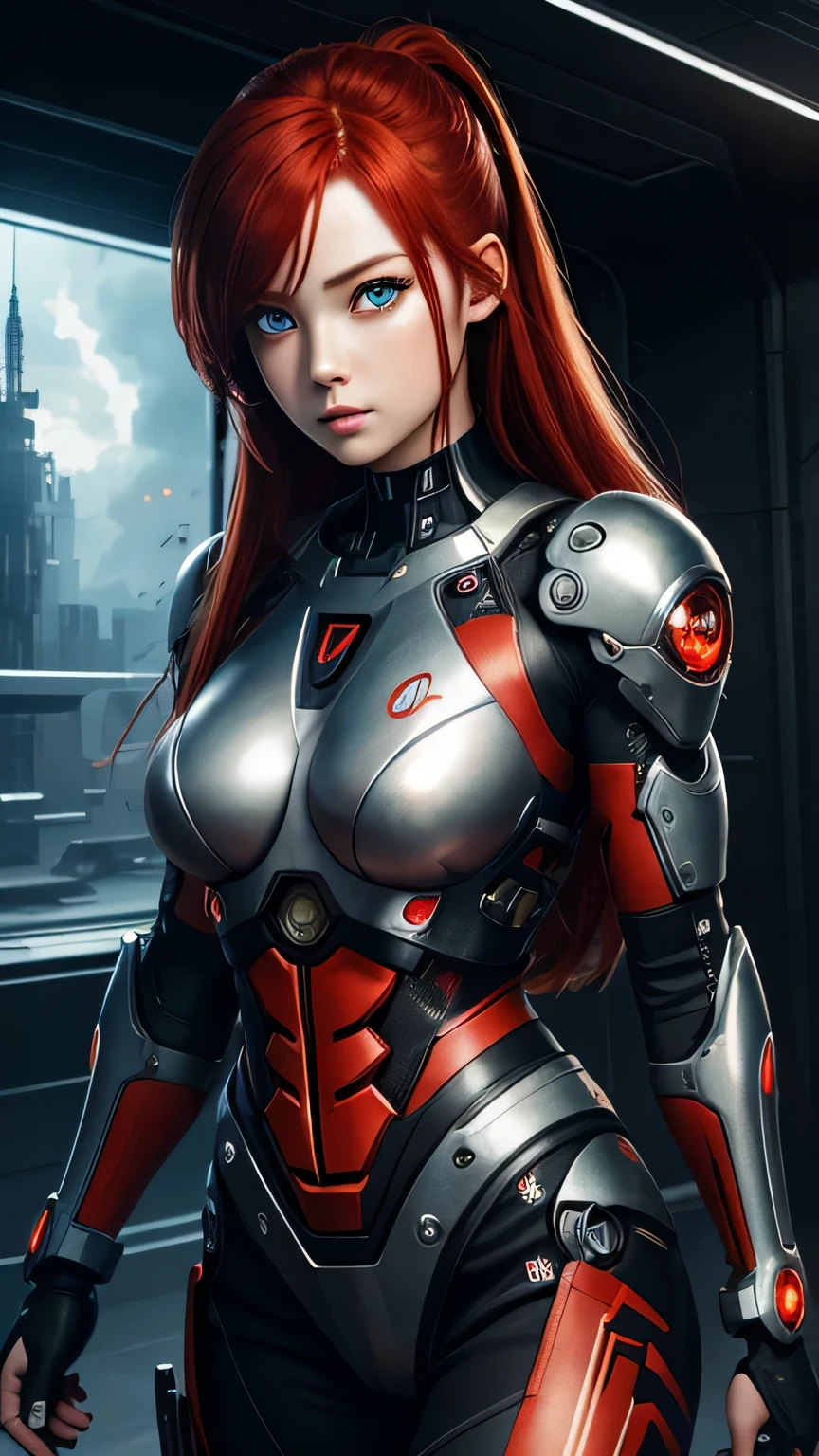 cyborg girl, beautiful eyes, battle field background, red hair, masterpiece, ultra high details