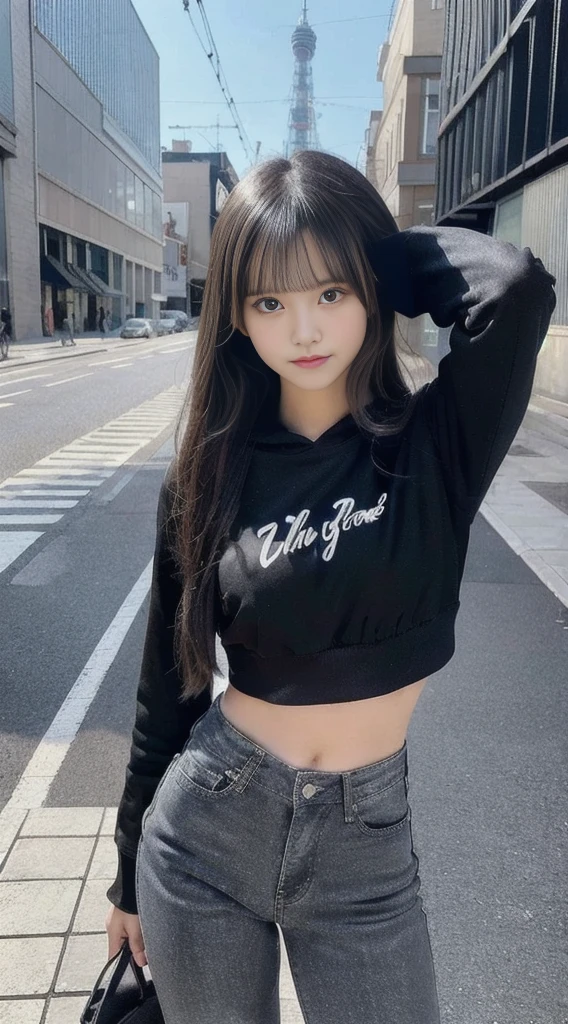 20years old girl, 1girl in, Young Girl, Anime style, skinny body, Anime young girl wearing crop top black hoodie, Skinny Jeans Pants,Black long hair, White eyes, Posed photos of her cute poses, Straight down the street of the tower, Anime Art Wallpapers, Detailed, 8K, High quality,very big tits、Beautiful、