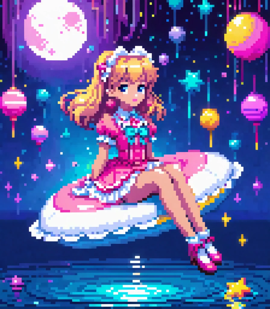 pixel art, A pixelated 80s style Lolita floats on bare water in a vibrant neon space with distant stars, detailed genitals, HD 2D pixel art :: pixel style :: pixels