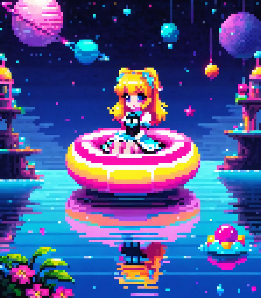 pixel art, A pixelated 80s style ta floats on bare water in a vibrant neon space with distant stars, detailed genitals, HD 2D pixel art :: pixel style :: pixels