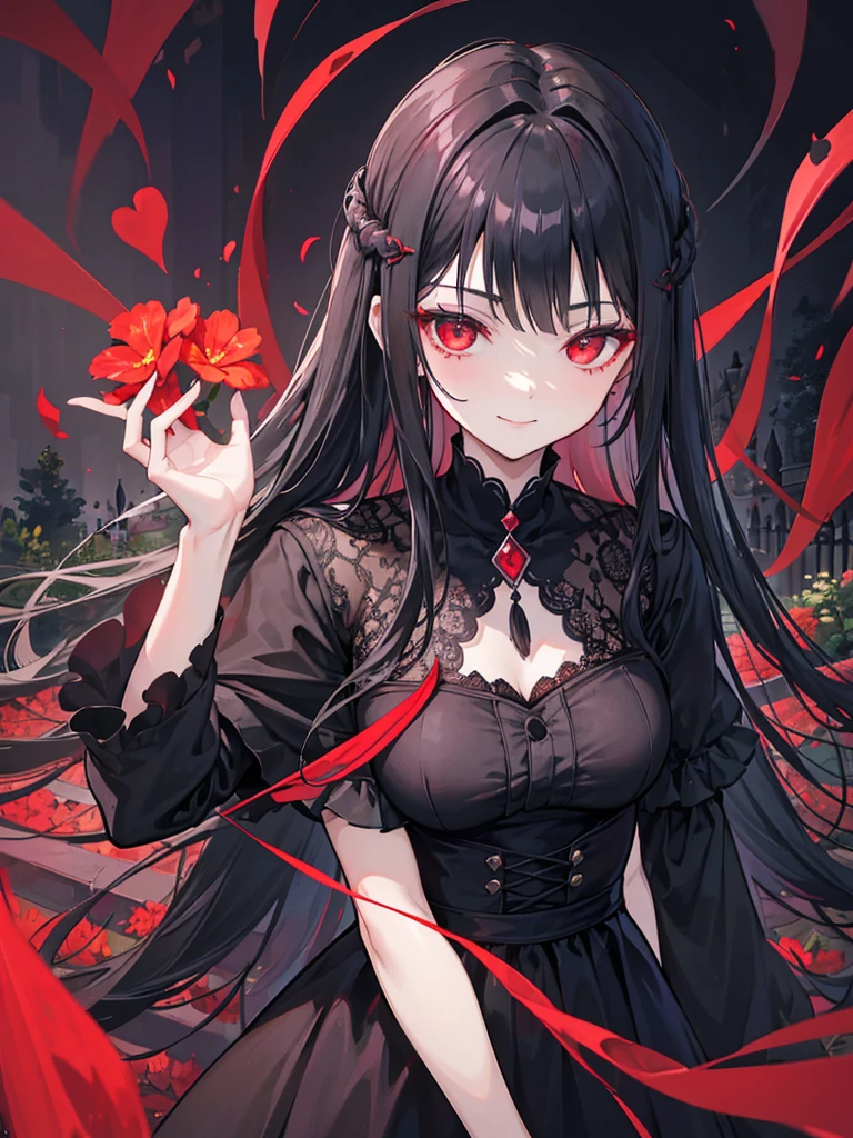 woman, red eyes, long curry wauy black hair. wear black dress, arrogant, independent woman. background in garden. she is vampire. sadistic smile. IDOL. wear flowers in her hair.