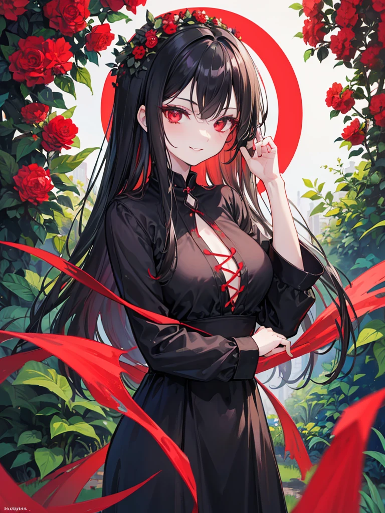 woman, red eyes, long curry wauy black hair. wear black dress, arrogant, independent woman. background in garden. she is vampire. sadistic smile. IDOL. wear flowers in her hair.