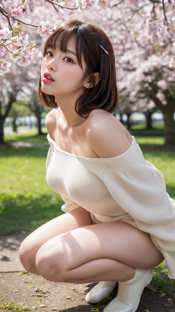 （（（Full body photo）））），Ultra-high resolution, (Realistic: 1.4), RAW Photos, Highest quality, (Photorealisticistic), concentrate, Soft Light, (()), ((Japanese)), (front, Young Face))), (Written boundary depth), (one piece), masterpiece, (Photorealistic), woman, Very pretty face,bangs, (( Off-the-shoulder tops, 1 Girl)),hot pants,Big and very soft looking breasts,Under the cherry tree,Crouching,Looking up,stare,(Duck mouth,I pursed my mouth:1.3),8K,(彼女はI pursed my mouth, She was sending me signals that she was ready to kiss me.:1.3),