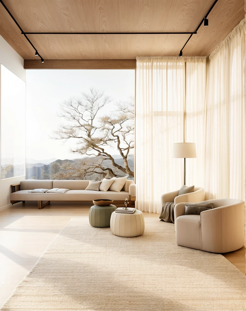 There was a room,There are large windows and chairs, serene and peaceful style, cream - colored room, soft zen minimalist, soothing and cozy landscape, warm interior, natural window lighting, airy landscape, beige color scheme, quiet and serene atmosphere, sand - colored walls, beige and dark atmosphere, warm interior, Relaxing environment, elegant minimalism, beautiful aesthetic design