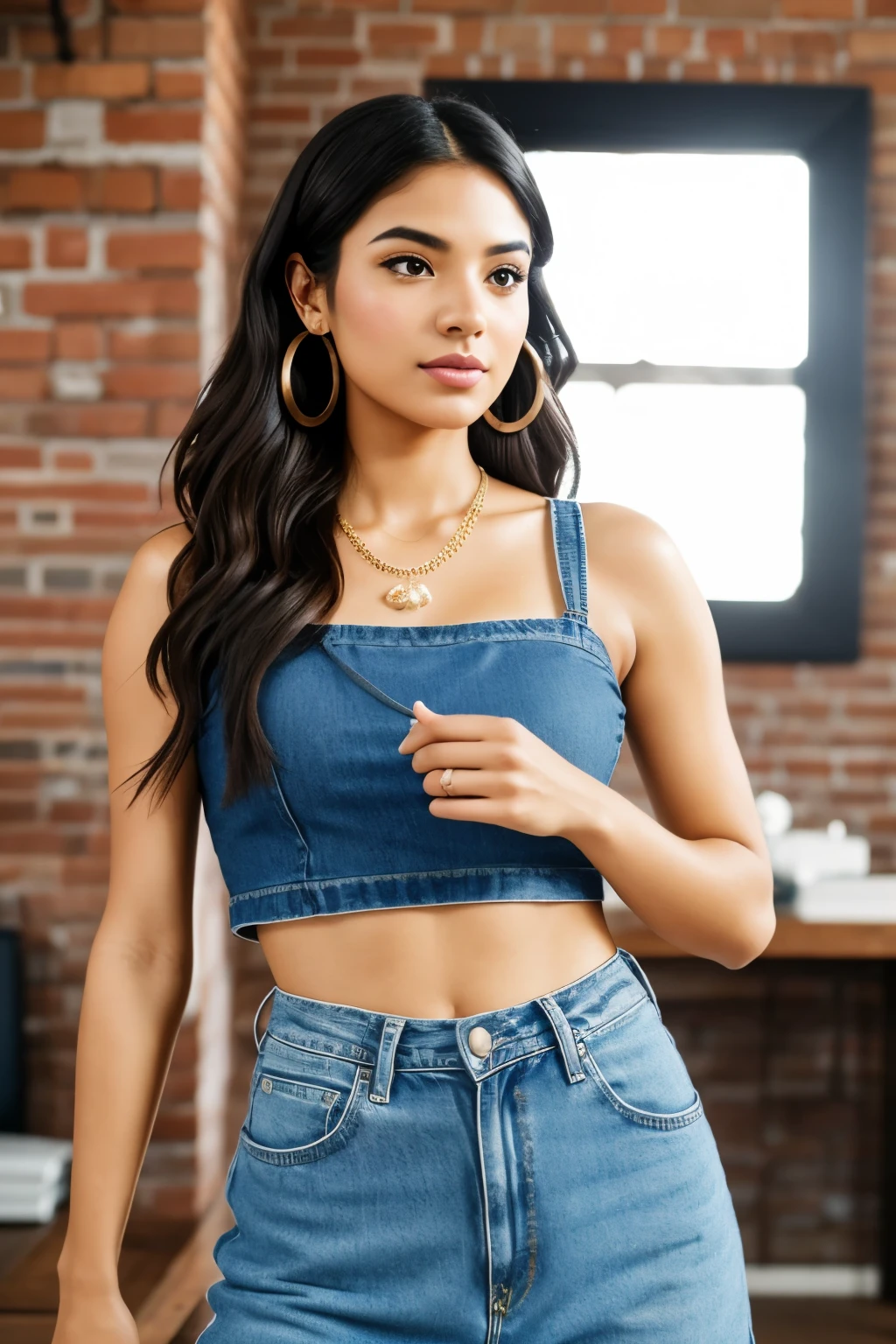 "Create a realistic, high-resolution image of a young Mexican woman in her early 20s, perfect for an engaging Instagram post. She has a darker skin tone with a natural glow, featuring subtle imperfections like small freckles, light blemishes, and natural skin texture for added realism. Her facial features are pretty and well-defined, with high cheekbones, a straight nose, and full, slightly pouty lips with a hint of gloss. She has large, expressive brown eyes with long, thick eyelashes and perfectly shaped, arched eyebrows.

Her dark brown curly hair falls gracefully over her shoulders, framing her face beautifully. She stands at 5’5”, with a fit and perfectly proportioned body. She exudes a down-to-earth and approachable vibe, reflecting her humble beginnings, yet she carries herself with sophistication and articulation.

The woman is dressed in a chic and trendy outfit: a fitted crop top paired with high-waisted jeans, and stylish high heels. She accessorizes with small hoop earrings, a delicate necklace, and a few simple rings. Her makeup is expertly applied, featuring a natural look with emphasis on her eyes and lips to enhance her natural beauty.

The setting is a spacious artist-style warehouse loft, featuring exposed brick walls, large industrial windows with city views, and high ceilings with exposed beams. There are eclectic art pieces, vintage furniture, and colorful rugs scattered around. The lighting is natural and soft, enhancing the artistic vibe of the space.

Ensure the image captures a glamorous and confident vibe, with photorealistic details in lighting, shadows, and textures, and format the image to resemble a mirror selfie taken for an Instagram post. The overall mood should reflect her sophisticated yet goofy personality, showcasing her talent and vegan lifestyle."